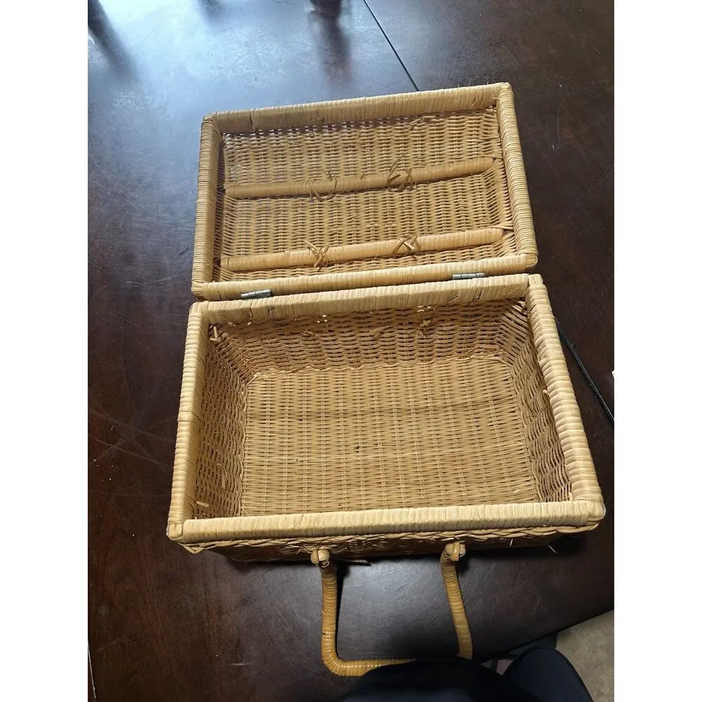 Vintage Woven Wicker Picnic Basket Large Domed Lid Storage Box Double Handles